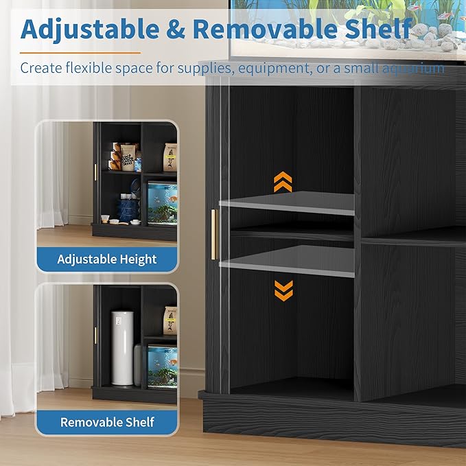 Fish Tank Stand, 75 Gallon Tank Stand with Sliding Cabinet Door, Heavy Duty Aquarium Stand with Power Outlet for Turtle Tank, Reptile Terrarium, 1000LBS Capacity (Black)