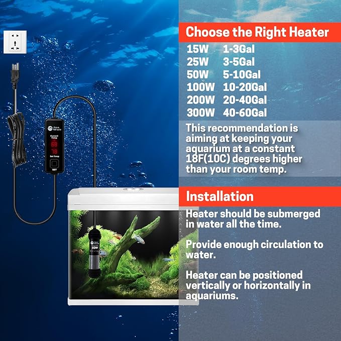 AquaMiracle Upgraded 15W Small Aquarium Heater Fish Tank Heater Turtle Heater Super Mini Aquarium Heater, Dry-Run/Overheating Protection and Memory Function, Dual LED Display, for 1-3 Gal Tanks