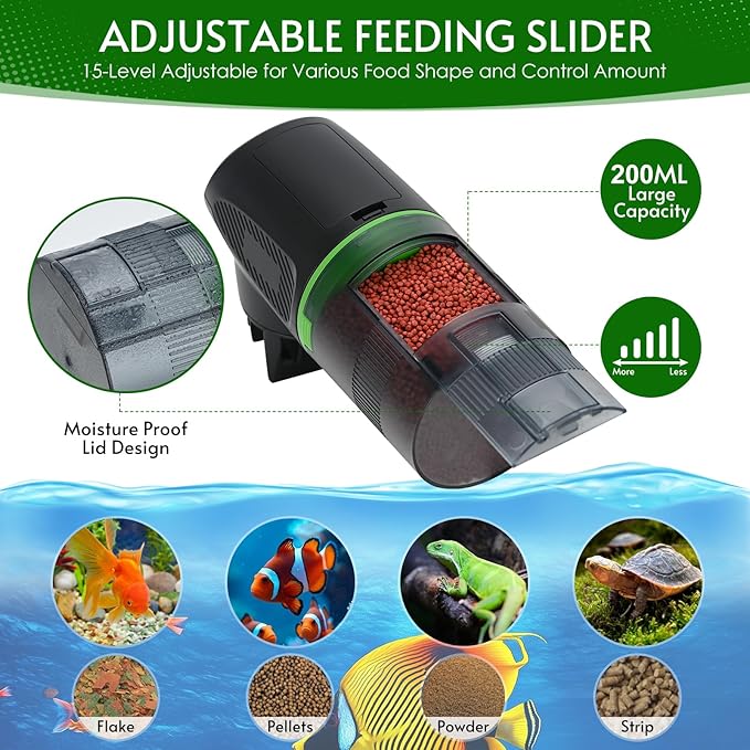 Podazz Automatic Fish Feeder, Electric Auto Timer Fish Food Dispenser with Moisture-Proof Feature, Suitable for Aquarium or Tank, Ideal for Vacation Weekend - Green