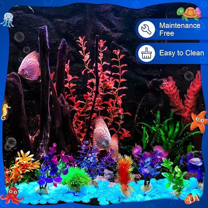 Jexine 100 Pcs Fish Tank Rocks Glow Blue, Fish Tank Stones Accessories Gravel with 10 Pack Artificial Aquatic Plants Coral Reef Decorations for Aquariums
