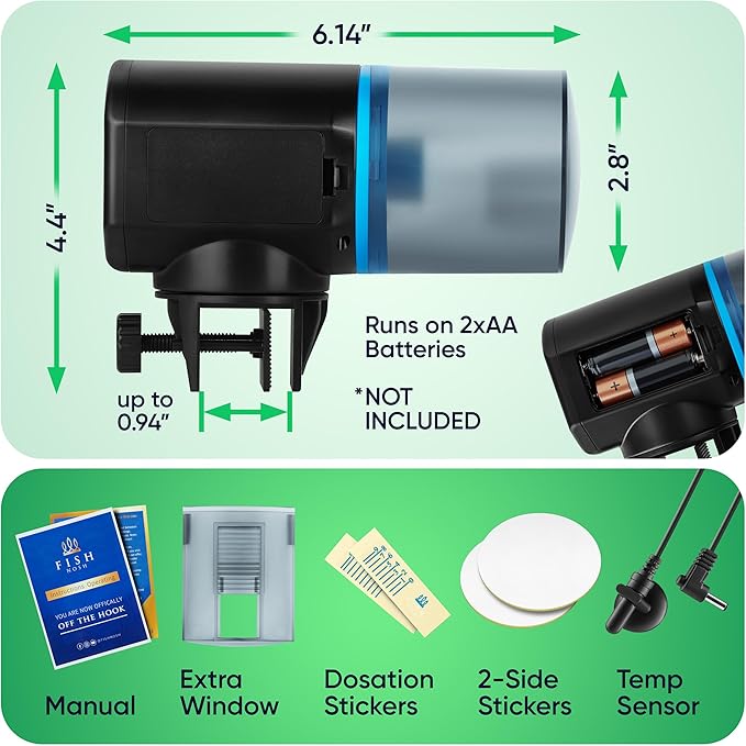 FISHNOSH Automatic Fish Feeder for Aquarium with Digital Thermometer - 2026 Auto Fish Food Dispenser Programmable, Vacation Feeder for Fish, Adjustable Portions, Auto Fish Feeder for Small & Big Tanks