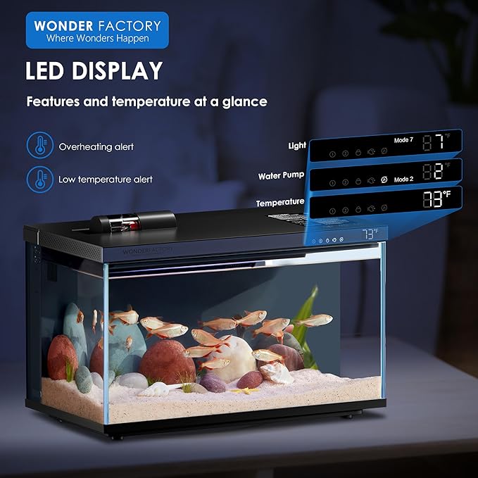 Wonderfactory Smart Aquarium 5 Gallon Glass Fish Tank, Self Cleaning System Efficiency Filter 7 Color LED Lights Automatic Feeder Temperature Display Monitor HD UHA Glass, Smart Control with Apps