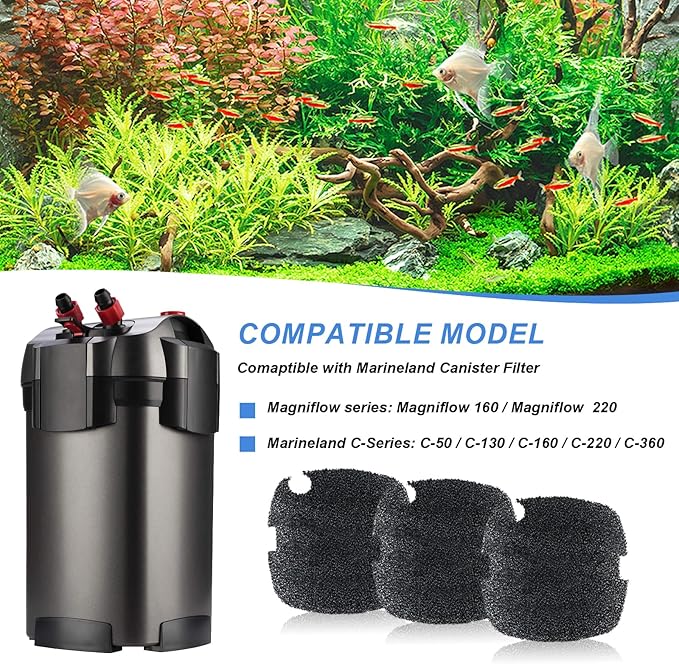 Aquarium Filter Foam Comaptible with Marineland Canister Filter C-Series and Magniflow 160/220 Filters, Aquarium Filter Rite-Size S Supports Biological And Mechanical Aquarium Filtration, 3 Pcs