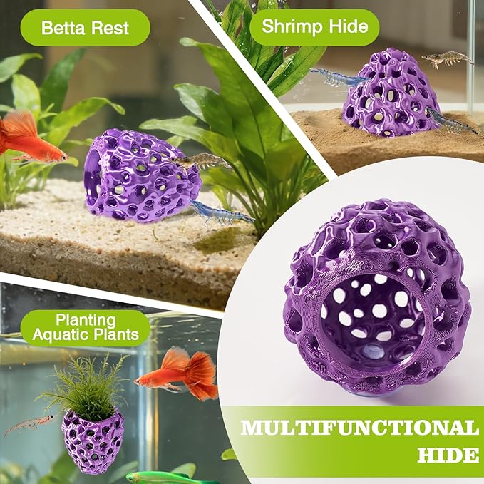 Shrimp Dome Hide, Shrimp Hides for Aquarium, Betta Fish Hideout with Suction Cup, Betta Habitat Tank Ornament Accessories, Aquarium Decor for Small Fish Guppy Hiding Resting (Purple)