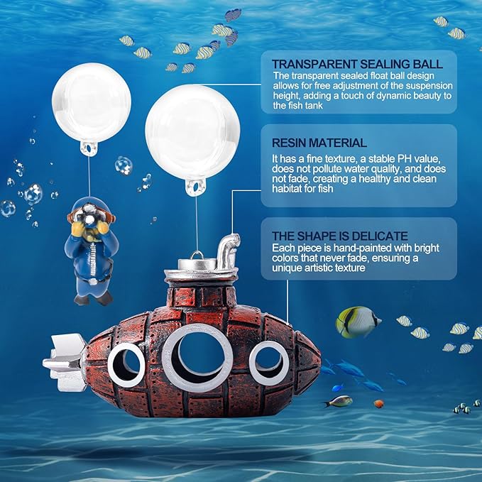 CousDUoBe New Upgrade Floating Fish Tank Decoration, Cute Retro Submarine Set and Floating Diver,Three Float Balls, Aquarium Decorations Resinous Betta Fish Tank Accessories