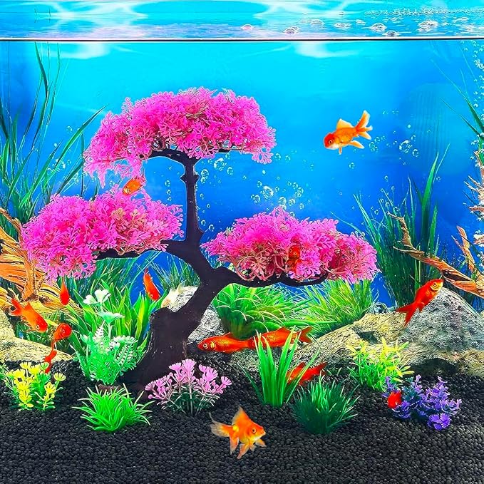Artificial Aquarium Plants, Fish Tank Decorations, 10 Pcs Cherry Blossom Aquarium Fish Tank Simulation Aquatic Grass Plastic Grass Pine Tree Combination(Pink)