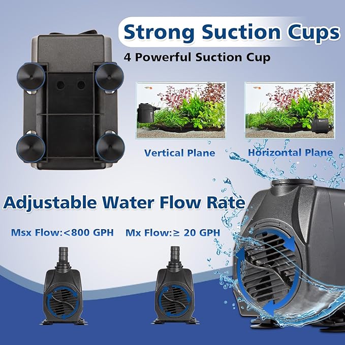 800GPH Submersible Water Pump(3000L/H 60W), Adjustable Ultra Quiet Fountain Pump with 4 Nozzles 10ft High Lift for Aquarium, Fish Tank, Pond, Waterfall, Outdoor, Hydroponics