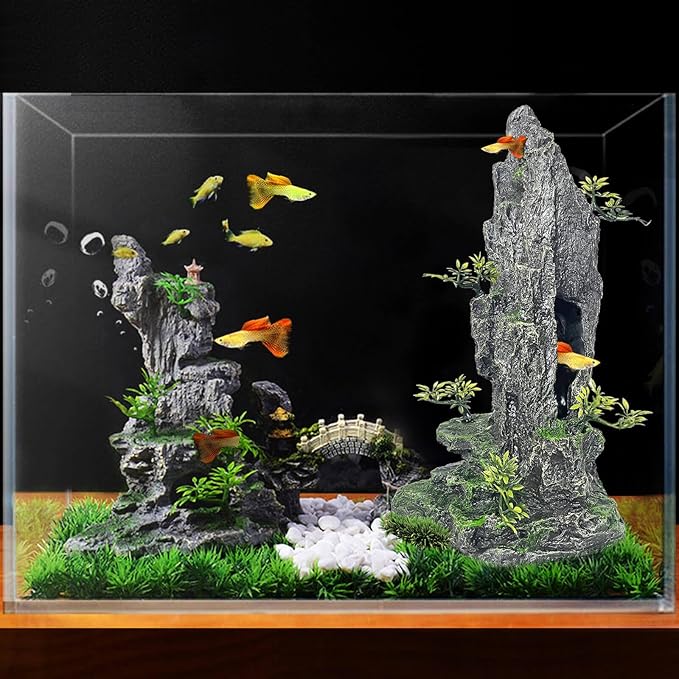 Aquarium Decoration Large and Tall for Fish Tank Rock Thematic Ornaments Aquarium Mountain View Stone Ornaments Aquarium Decor Tree House Cave Fish Tank Landscape - Extra Large