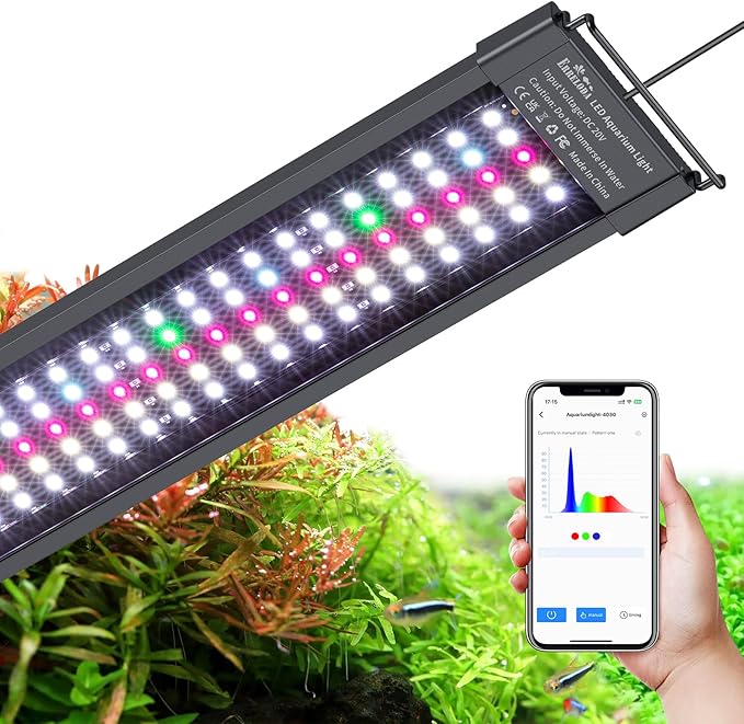 Bluetooth LED Aquarium Light with APP Control, 3 Modes for 36-42 Inch Fish Tank Light with Full Spectrum White Blue Red Green Lights, IP68 Waterproof with Extendable Brackets for Freshwater