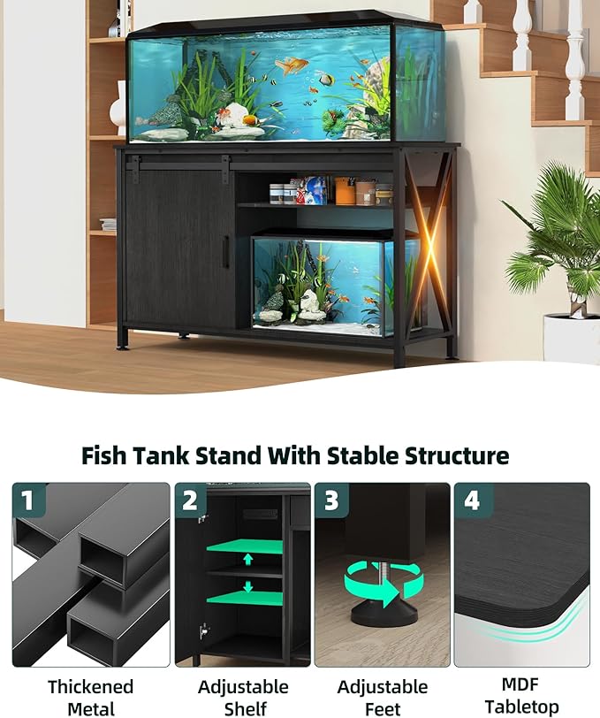 Aquarium Stand for Fish Tank: 40-50 Gallon Fish Tank Stand with Sliding Door - Heavy Duty Metal Aquarium Table with Power Outlet - 2-Tier Breeder Turtle Reptile Terrarium Stand for Home & Office