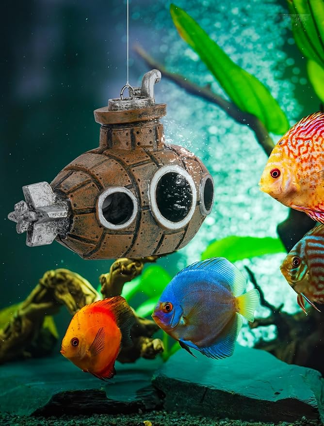 Floating Fish Tank Decoration, Little Cute Retro Submarine Aquarium Decoration with Two Float Balls, Resinous Fish Tank Accessorie, Safe Fish Toy for Betta Cichlid Goldfish Shrimps Hermit Crabs