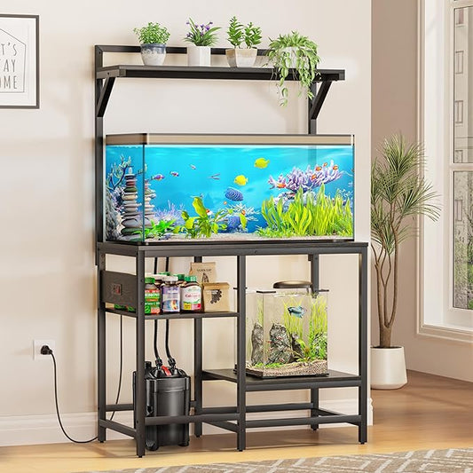 40 Gallon Fish Tank Stand, Aquarium Stand with Power Outlet, Heavy-Duty Reptile Terrarium Stand Table with Top Shelf and 4-Tier Adjustable Storage Shelves, 37.4" L x 19.7" W x 30" H(Black)