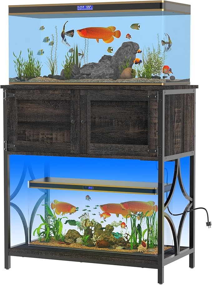 20-29 Gallon Fish Tank Stand, Aquarium Stand with Power Outlets &LED Light, Metal Frame Fish Tank Stand with Cabinet Accessories Storage, 30.7" L*15.7" W Tabletop, 330LBS Capacity, Dark Oak