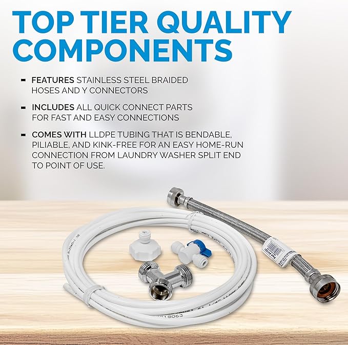 Metpure Washer Laundry Water Feed Line Splitter For Water Filtration RO Deionization Aquarium System 25’ Feet X 1/4” Tubing W/Shut Off Valve And Wye Connector + Supply Hose