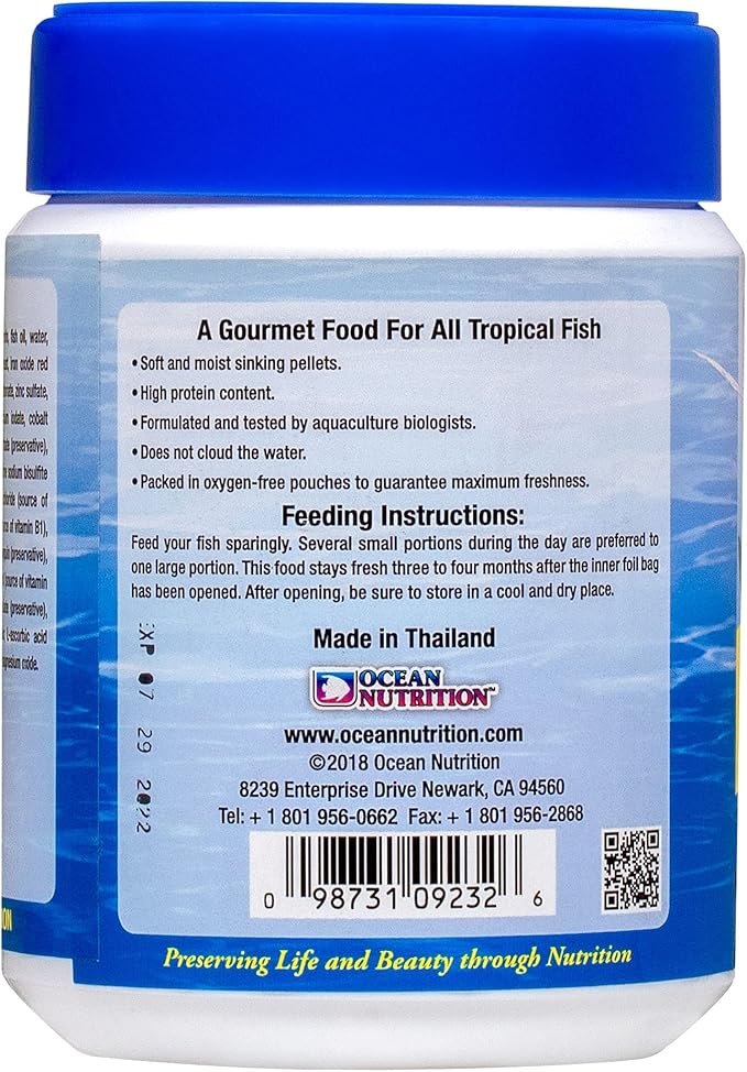 Ocean Nutrition Fish Food - Tropical Fish Food, Soft Moist Sinking Pellets, High Protein(41%) Guppy Fish Food, Fish Food Flakes Alternative, 7 oz (200 g), Medium Pellet