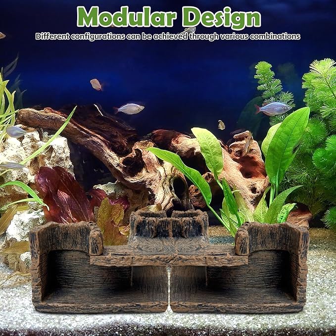 kathson Aquarium Hideaway Cave Underground Tunnel Hideout Resin Rock Dual Hole Hideout for Corners View Fish in Aquarium Decoration with 2PCS Plastic Aquatic Plants for Betta Shrimp Guppy Hide