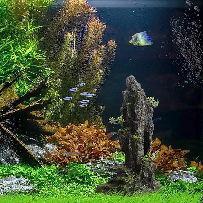 Tall Aquarium Decor 14.4inch, Cool Large Fish Tank Decorations Accessories, Resin Mountain View Aquarium Ornament with Tree Hideout Cave, for Betta Goldfish Shrimp Guppy Cichlid Play Rest