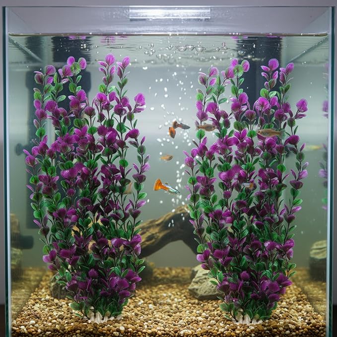 Pack of 2 Tall Plastic Aquarium Plants Large Fake Fish Tank Plants Artificial Pond Plants Large Aquarium Decor (Purple Leaves 6522)
