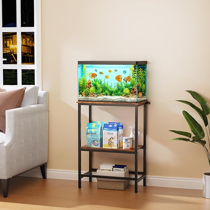 5-10 Gallon Fish Tank Stand, Aquarium Stand with 2-Tier Storage Shelves, Heavy-Duty Reptile Terrarium Stand Table with One-Piece Top for 10 Gallon Standard Model, 21.2" L x 11.8" W x 29.3" H (Brown)
