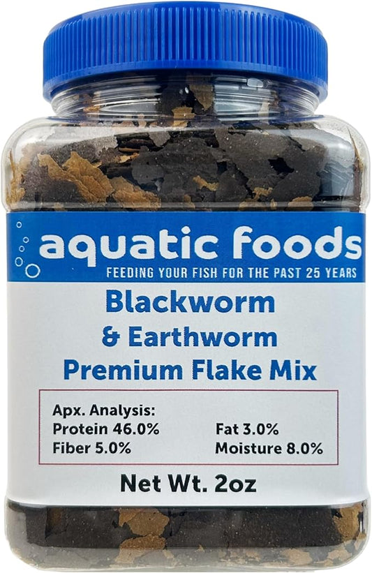 45% Blackworm Flake & Earthworm Flake Mix for Discus, Cichlids, All Tropical Fish. Aquatic Foods Premium Flakes…2oz Small Jar
