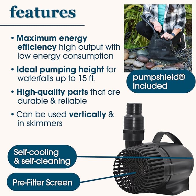 smartpond 3,600 GPH Waterfall Pump, Ideal for 15 ft. Tall Waterfalls, Self-Cooling, Long-Lasting, Energy Efficient, No Tools Needed, Bonus pumpshield™ Included
