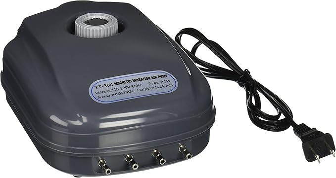 YT-304 18 LPM Aquarium Air Pump with 4 Outlets, 8.5W, 120 Gallon Grey