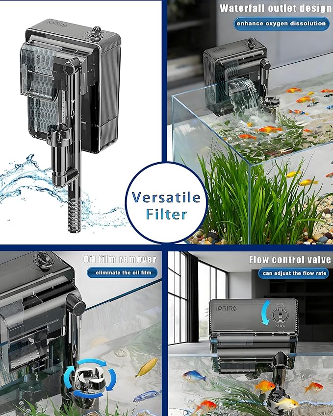 Aquarium Filter, Quiet Fish Tank HOB Filters for up to 5 Gallon Aquariums, 300L/H Adjustable Flow, with Filter Media