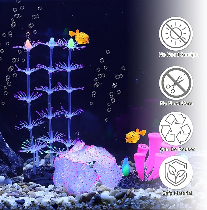 Silicone Glowing Aquarium Decorations, Fluorescence Coral, Glowing Sea Anemone Decor, Glowing Sucker Coral for Aquarium Decor Purple Pink Green 1 Set