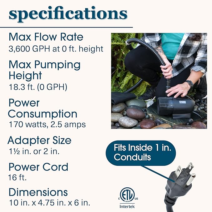 smartpond 3,600 GPH Waterfall Pump, Ideal for 15 ft. Tall Waterfalls, Self-Cooling, Long-Lasting, Energy Efficient, No Tools Needed, Bonus pumpshield™ Included
