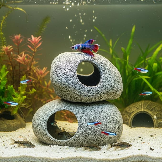 Aquarium Cave Decor - 2 PCS Natural Fish Tank Rocks for Betta Hideout and Shrimp Breeding, Hand-Polished Smooth Edges, PH Neutral, Ideal for 5-20 Gallon Tanks, Aquascaping Stone Ornaments