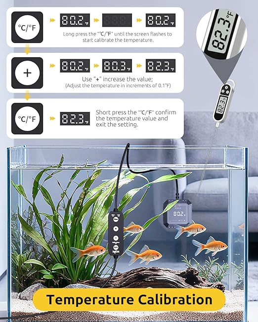 Aquarium Thermometer Submersible, Digital Fish Tank Thermometers with USB for GlassTank, Aquariums Temperature Gauge ±1℉ Accurate, Suitable for Fish, Turtle, Saltwater or Freshwater, 6.56ft Power Cord