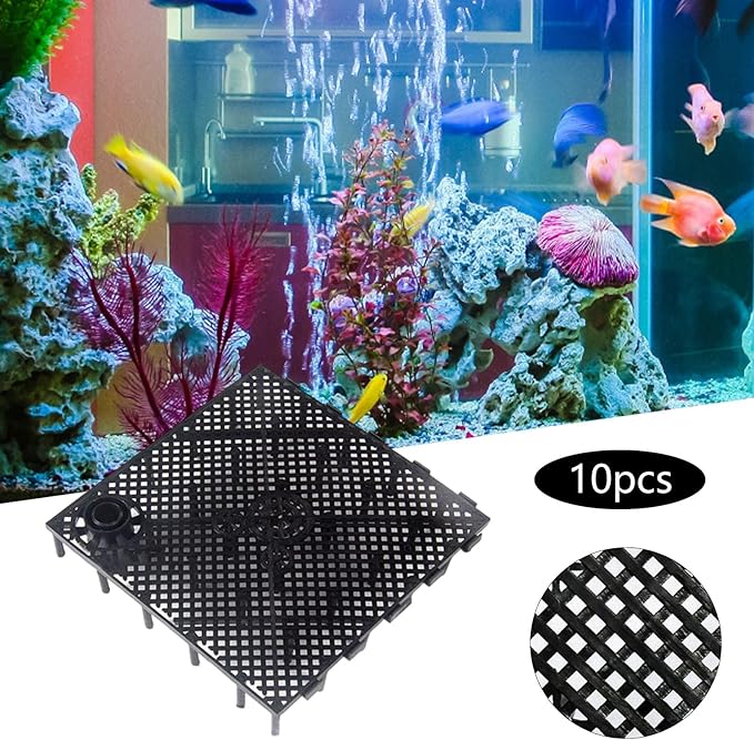 10 Pieces Fish Tank Bottom Plate Splicing Combination Clapboard Plate Sand Gravel Board Material Suitable for Aquarium Home Maintenance, with Connector Black