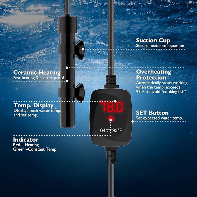 25W Mini Aquarium Heater Betta Heater for 3-5 Gallon Freshwater & Saltwater Tanks, Alumina Ceramic Fish Tank Heater Turtle Heater with Dry-Run & Overheat Protection