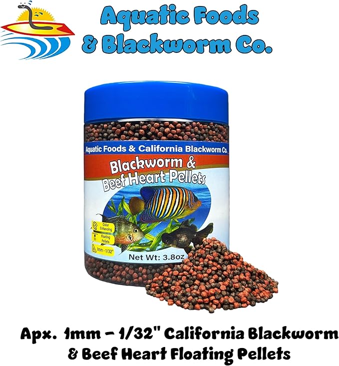 1mm -1/32" California Blackworm & Beef Heart Floating Pellets for Marines, Cichlids, Tropical Fish, Koi & Pond Fish, 4-Type Wafer & 12-Type Pellet Mix Included 3.8oz Canister