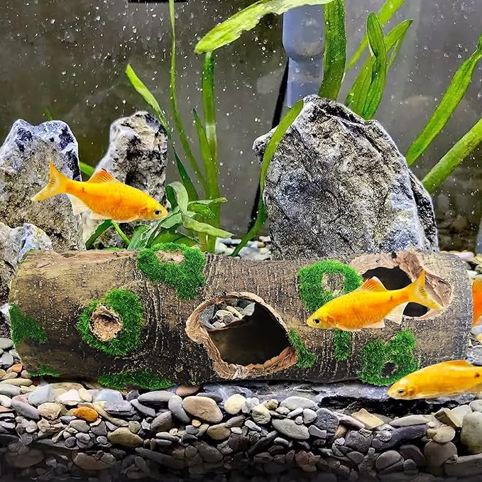 Hamiledyi 2 PCS Small Tree Trunk Aquarium Fish Tank Ornament, Betta Fish Hideout Caves, Resin Moss Tree Trunk Aquarium Decoration with Holes and Caves