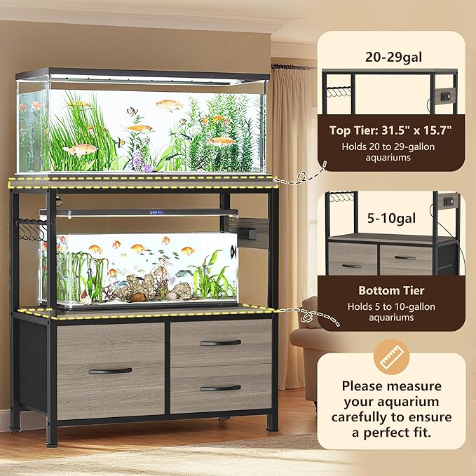 Heybly 20-29 Gallon Fish Tank Stand, Aquarium Stand with Drawer, Power Outlet, Heavy Duty Metal Frame, for Fish Tank, Turtle & Reptile Terrarium, 31.5" x 15.7" Top, 330lbs, Rustic Gray HAS001SG