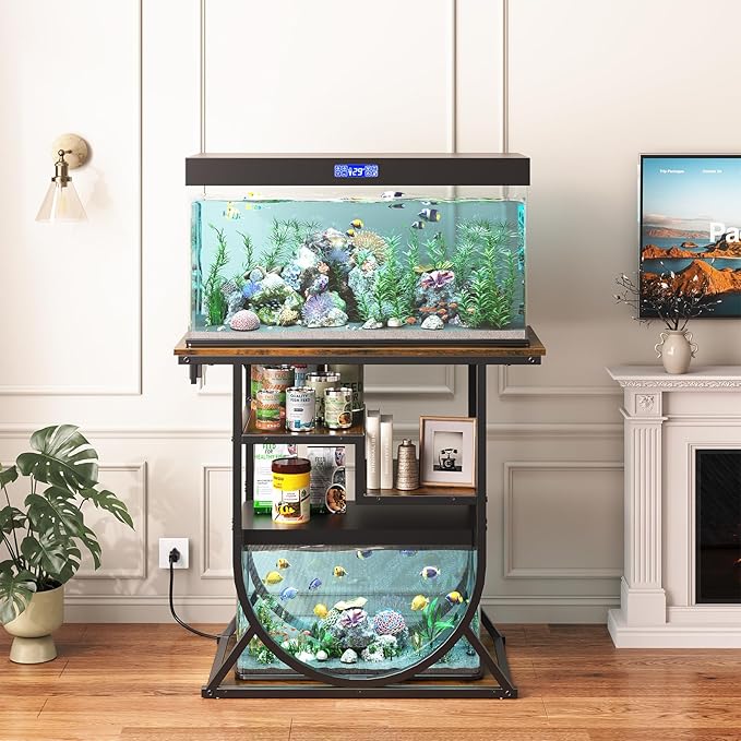 HavenlyYouth 20-29 Gallon Fish Tank Stand with Power Outlet, Metal U Shaped Aquarium Stand with Storage Shelves, Heavy Duty Terrarium Rack for Home Office, 31.5" L x 15.7" W x 29.4" H, Rustic Brown