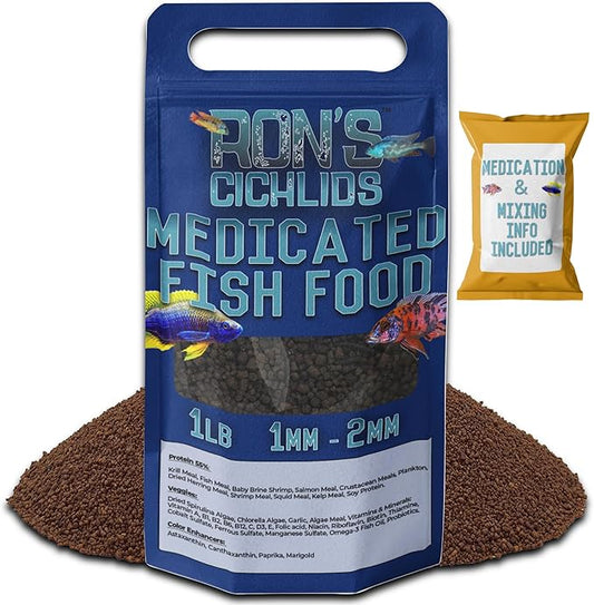 RON'S CICHLIDS Medicated African Cichlid Fish Food Pellets - USA Made Slow Sinking Cichlid Pellets - Treats Bloat, Ich, and More - Juvie Cichlid Food Blend, 1 LB