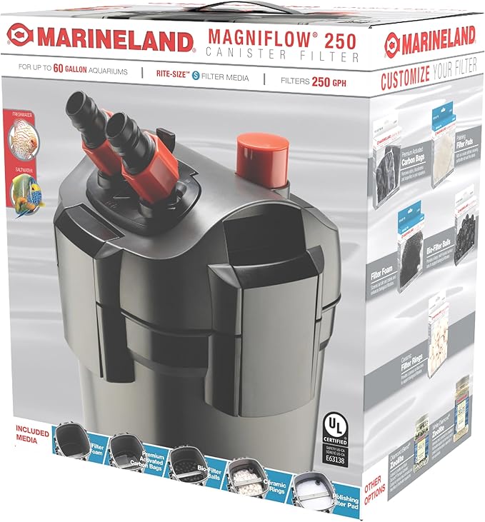 Marineland Magniflow 250 Canister Filter, 1 Count, For Up to 60-Gallon Freshwater or Saltwater Aquariums, Includes Rite-Size S Filter Foam and Polishing Filter Pads, Premium Activated Carbon Bags