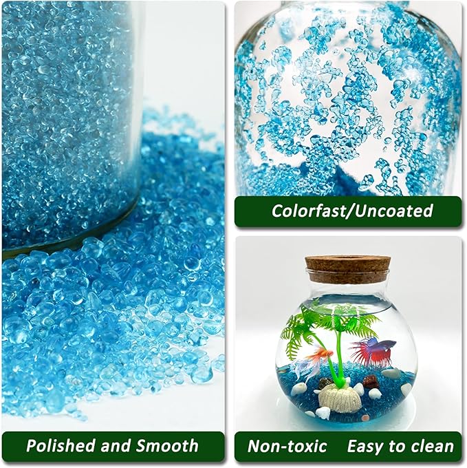 BXI 4.4 Lbs Small Aquarium Substrate Gravel Sand, Polished Smooth Fish Tank Gravel, Colorfast Uncoated Vibrant Blue Sea Glass, Decorative Stones for Vase Fillers, Fairy Garden, Potted Plants