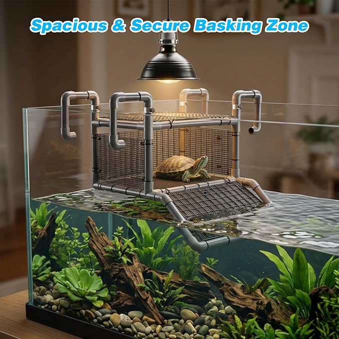 SKARUS Turtle Basking Platform with Anti-Escape Metal Top Mesh – Adjustable Height (9.8"-16.3") Suspended Aquarium Turtle Dock with Climbing Ramp, Large Resting Area for 65-150 Gallon Tanks