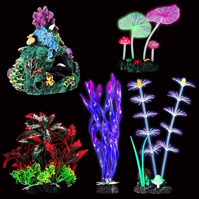 Halloscume 5 Pcs Fish Tank Decorations Glow in the Dark Betta Tank Decorations Fish Aquarium Accessories Ornaments Colorful Coral Reef Decor Set Include Coral Reef, Water Grass, Lotus Leaf and Kelp