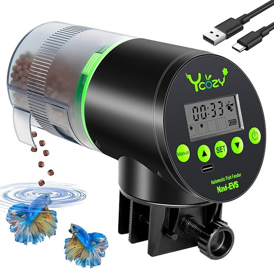 Ycozy Automatic Fish Feeder Rechargeable with USB Cable Moisture-Proof Intelligent Electric Fish/Turtle Feeder for Aquarium & Fish Tank (Rechargeable EVS)