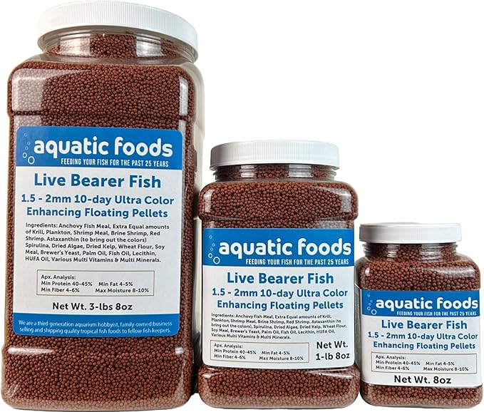 Live Bearer Ultra Red Color Enhancing 1.5mm-2mm Floating Pellets. Color Enhancing in 10-Days for Swordtails, Platies, All Live Bearers…1-lb 8oz Medium Jar