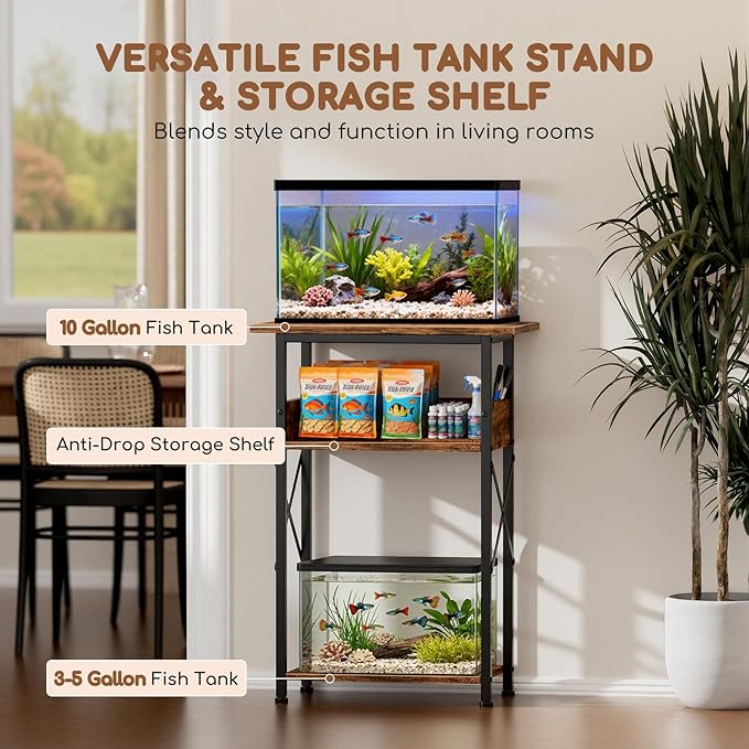 10 Gallon Fish Tank Stand with Storage Shelves, 3-Tier Aquarium Stand with Rust-Proof Metal Frame, Heavy Duty Waterproof Reptile Turtle Tank Stand for Home Office Up to 150LBS, 21.5" L x 11.5" W x 30" H, Rustic Brown