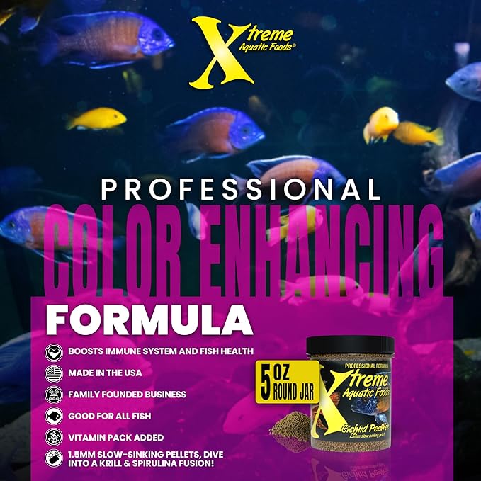 Xtreme Cichlid Peewee 1.5 mm Pellets - Proven Nutrition for Cichlids - Balanced Amino Acids, Boost Immune & Digestive Health, Color & Energy, Max Protein Freshwater Fish Food – USA Farm Grown (5oz)