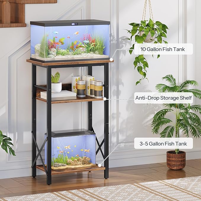 HOOBRO 10 Gallon Aquarium Stand, 3-Tier Fish Tank Stand with Storage, Reptile Turtle Tank Stand with Metal Frame, 20.5" L x 11" W , Rustic Brown BF52FT01