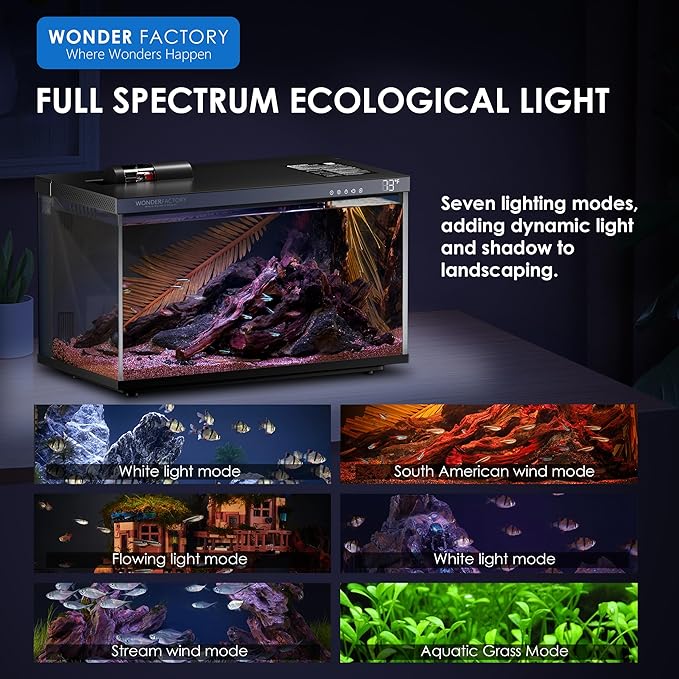 Wonderfactory Smart Aquarium 5 Gallon Glass Fish Tank, Self Cleaning System Efficiency Filter 7 Color LED Lights Automatic Feeder Temperature Display Monitor HD UHA Glass, Smart Control with Apps