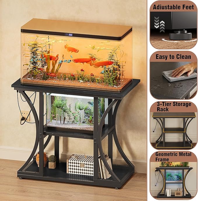 50 Gallon Aquarium Stand with Power Outlets Fish Tank Stand with 3-Tier Storage Shelves Display Stand for Turtle Tank Shelves Metal Frame Stand for Living Room Office Entryway(Black)