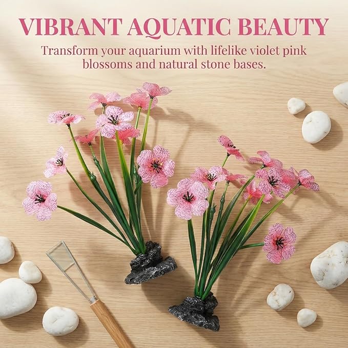 Veemoon 2 Pcs Pink Aquarium Artificial Plants, 7.47 Inch Tall Fake Lotus Flower Decor, Plastic Betta Fish Tank Desktop Bowl Accessories